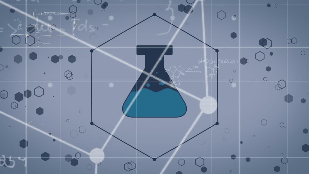 파란색 배경에 화학 아이콘과 그리드가 있는 큐브의 애니메이션