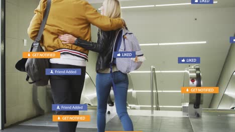 animation of social media icons floating over couple embracing on escalators