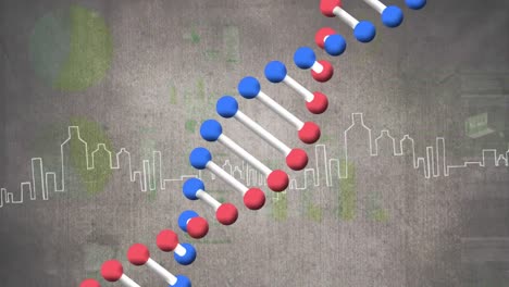 animation of dna strand spinning, statistics and data processing over cityscape