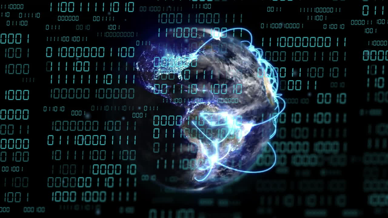 Animation of binary coding data processing over globe