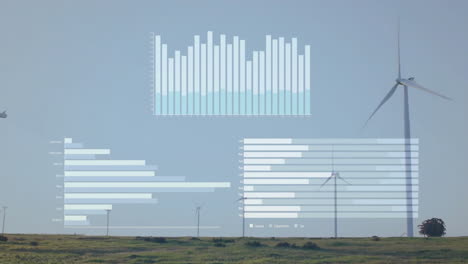 Animation-of-data-processing-and-diagrams-over-wind-turbines-on-field