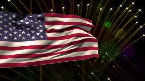 animation of flag of usa over fireworks on black background