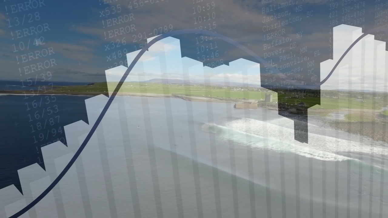 Graph and data processing animation over aerial view of coastal landscape