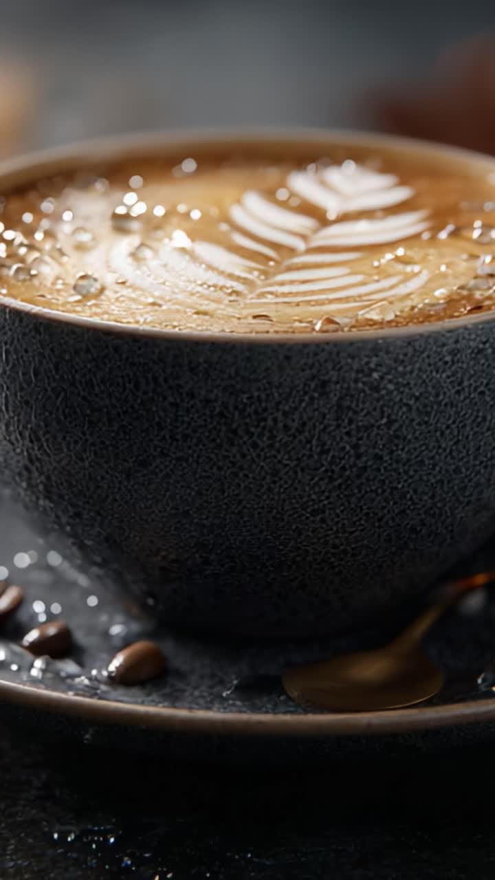 Un accattivante primo piano di una tazza di caffè finemente realizzata con elaborata latte art, che mette in risalto la ricchezza della bevanda e le texture della tazza