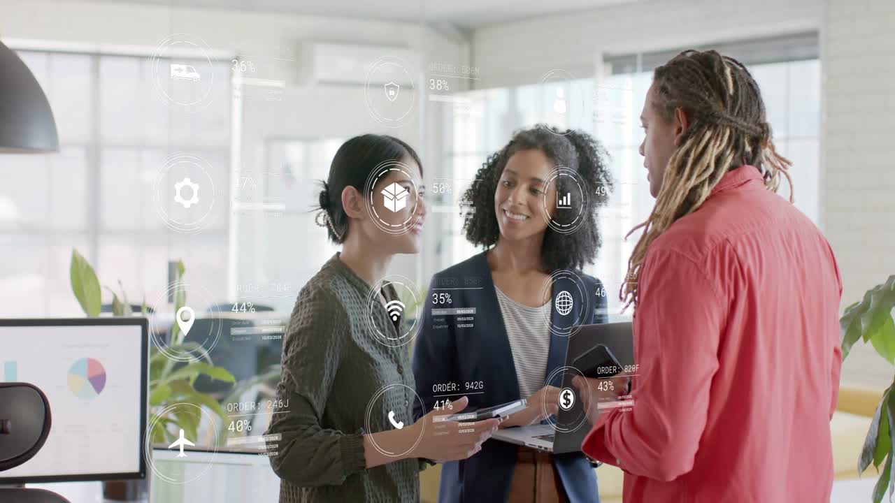 3-person team reviewing sales metrics while man tilting tablet causing HUD chart, %, $ icons moving