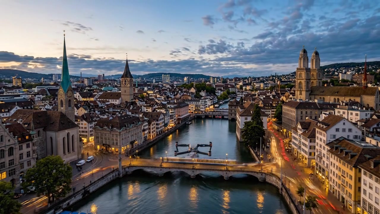 Time-lapse da Paisagem Urbana de Zurique ao Pôr do Sol