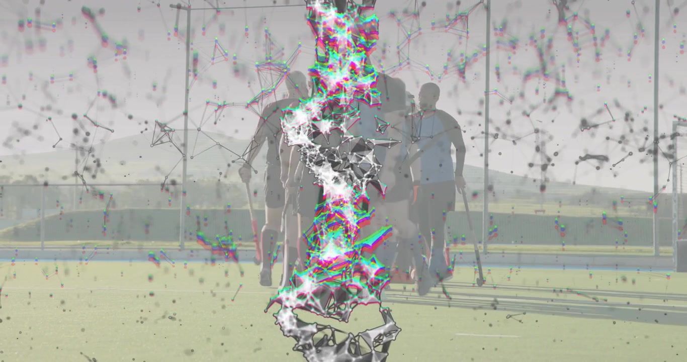 Squadra di hockey su prato che si scambia il pugno e marcia verso la porta, mostrando unità di squadra prima della partita.