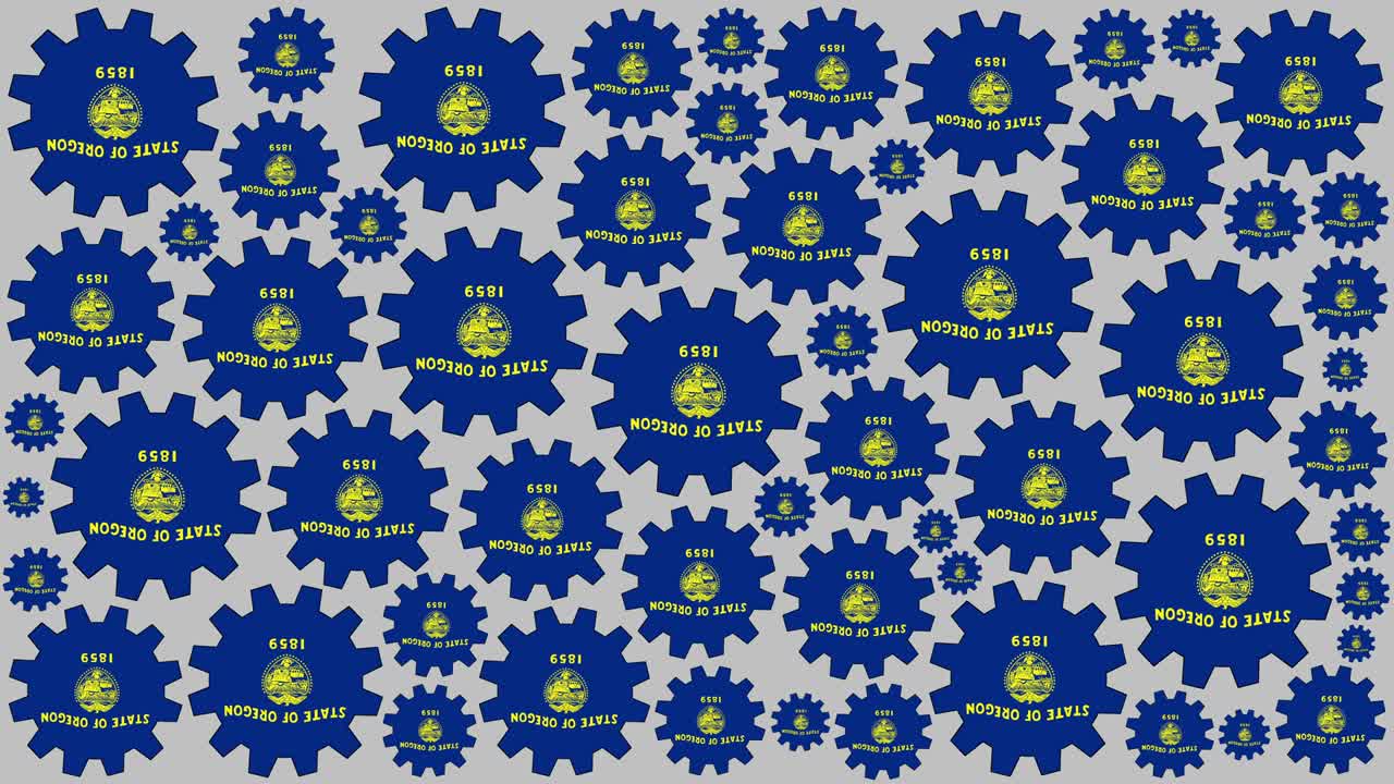 Oregon US state flag gears spinning background
