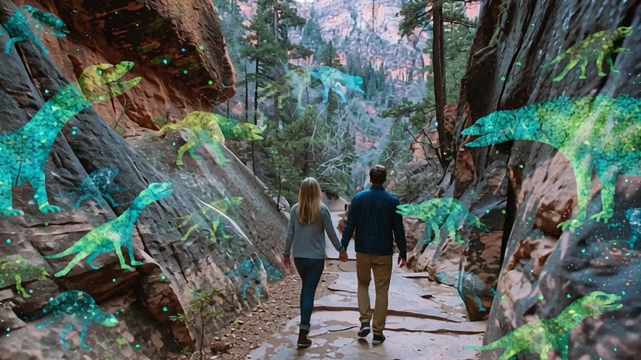 Dinosauri che prendono vita in un ambiente naturale vibrante durante un'escursione