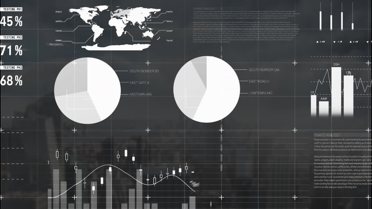 animación del procesamiento de datos financieros sobre el paisaje urbano