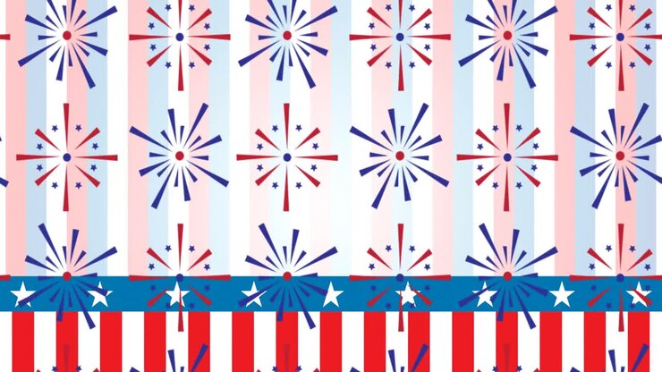 Animation of fireworks coloured in american flag over stars and stripes background