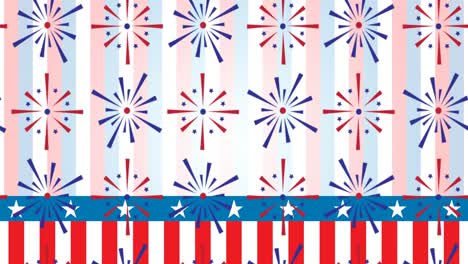 animation of fireworks coloured in american flag over stars and stripes background