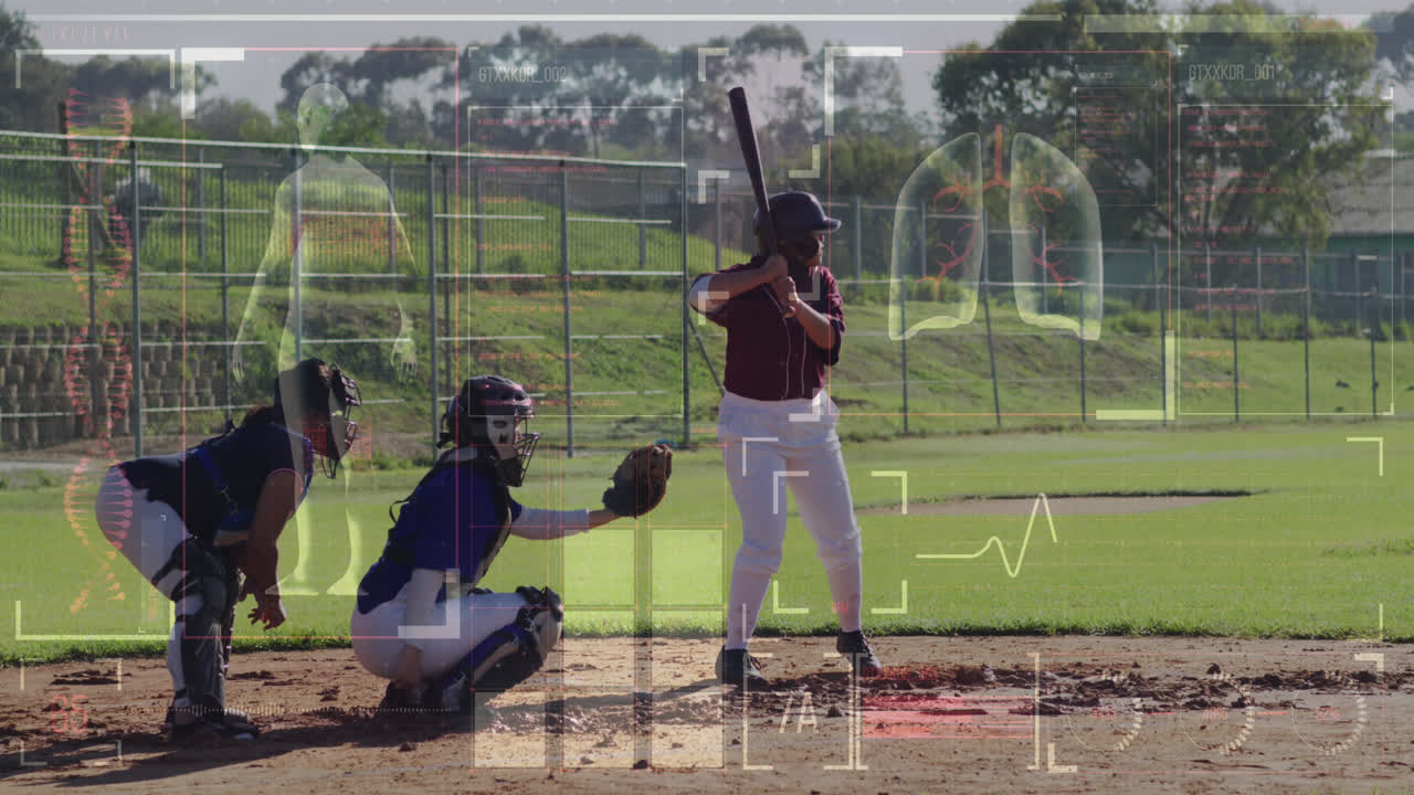 Animazione di elaborazione dati sopra diverse giocatrici di baseball