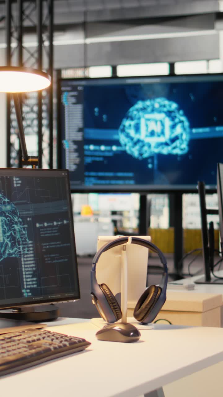 Vertical video Computer monitors in empty startup workspace with cloud computing AI resources