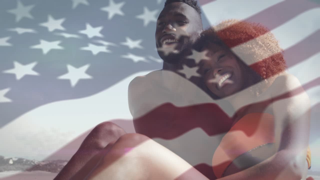 Couple sitting beachside reacting to thumbs-up entering while US flag overlay shifting for travel