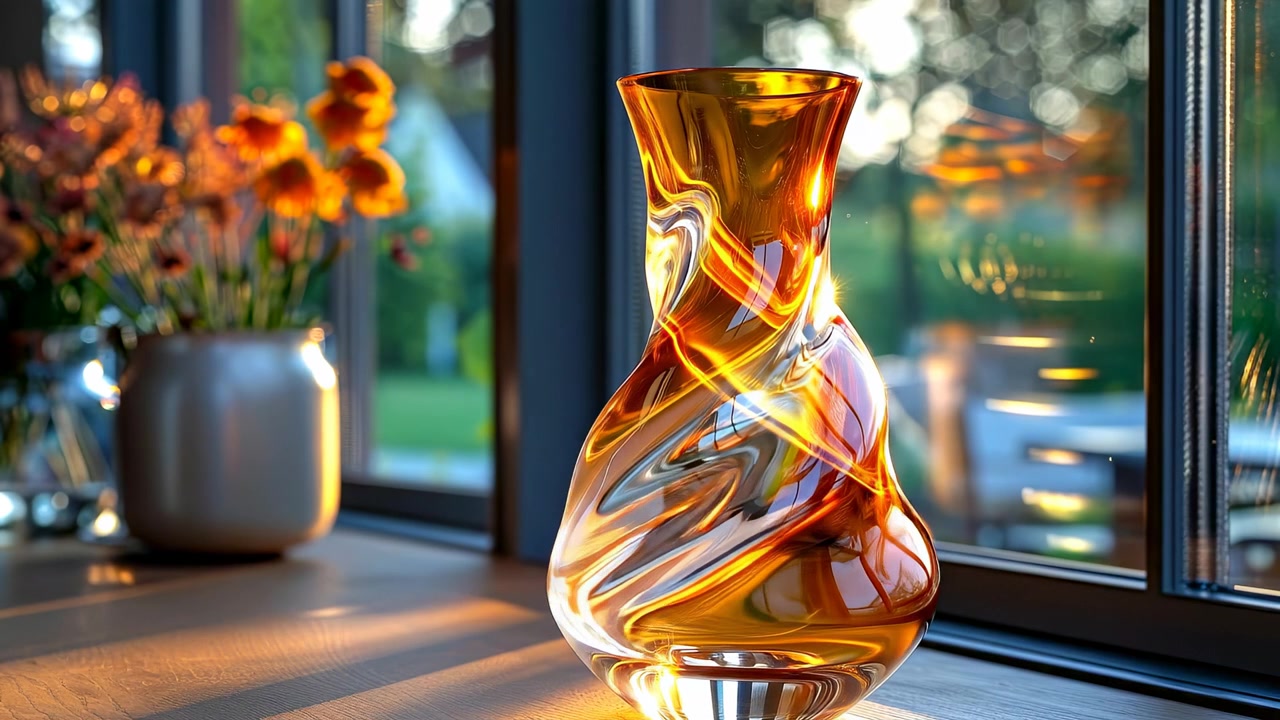 Gedrehte bernsteinfarbene Glasvase auf Holztisch im Fensterlicht. Eine gedrehte bernsteinfarbene Glasvase steht auf einem Holztisch und fängt helles Sonnenlicht am Fenster ein.