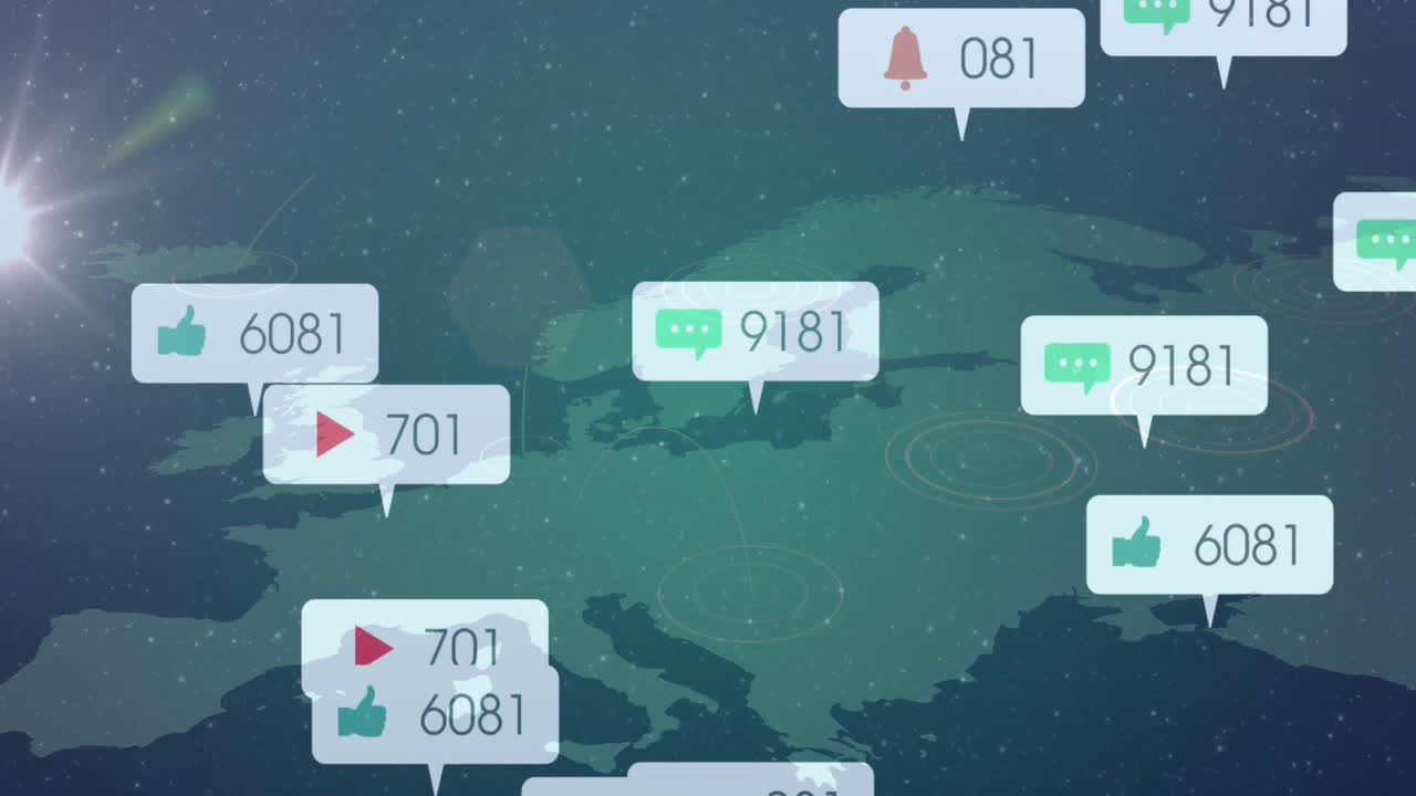 Social media notifications and interactions animation over world map background