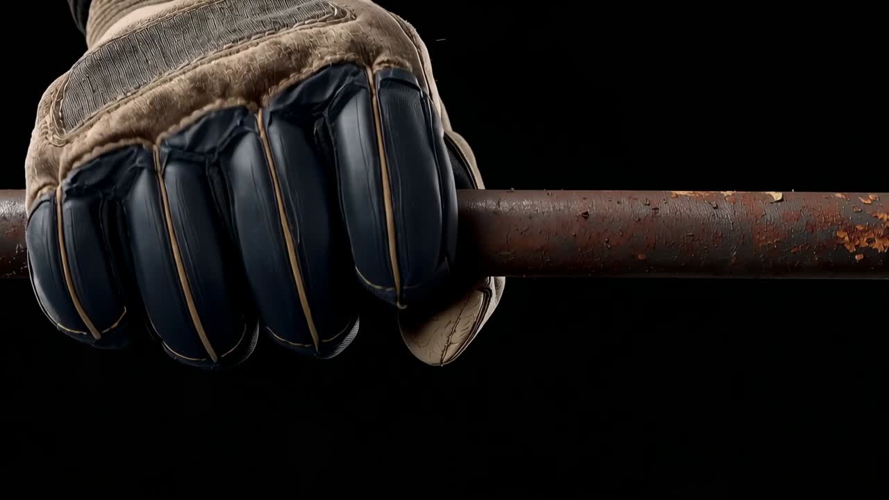 Eine behandschuhte Hand gleitet nach der Schicht nach rechts entlang einer verrosteten Stange auf schwarzem Hintergrund und prüft den Rost auf Wartungsbedarf.
