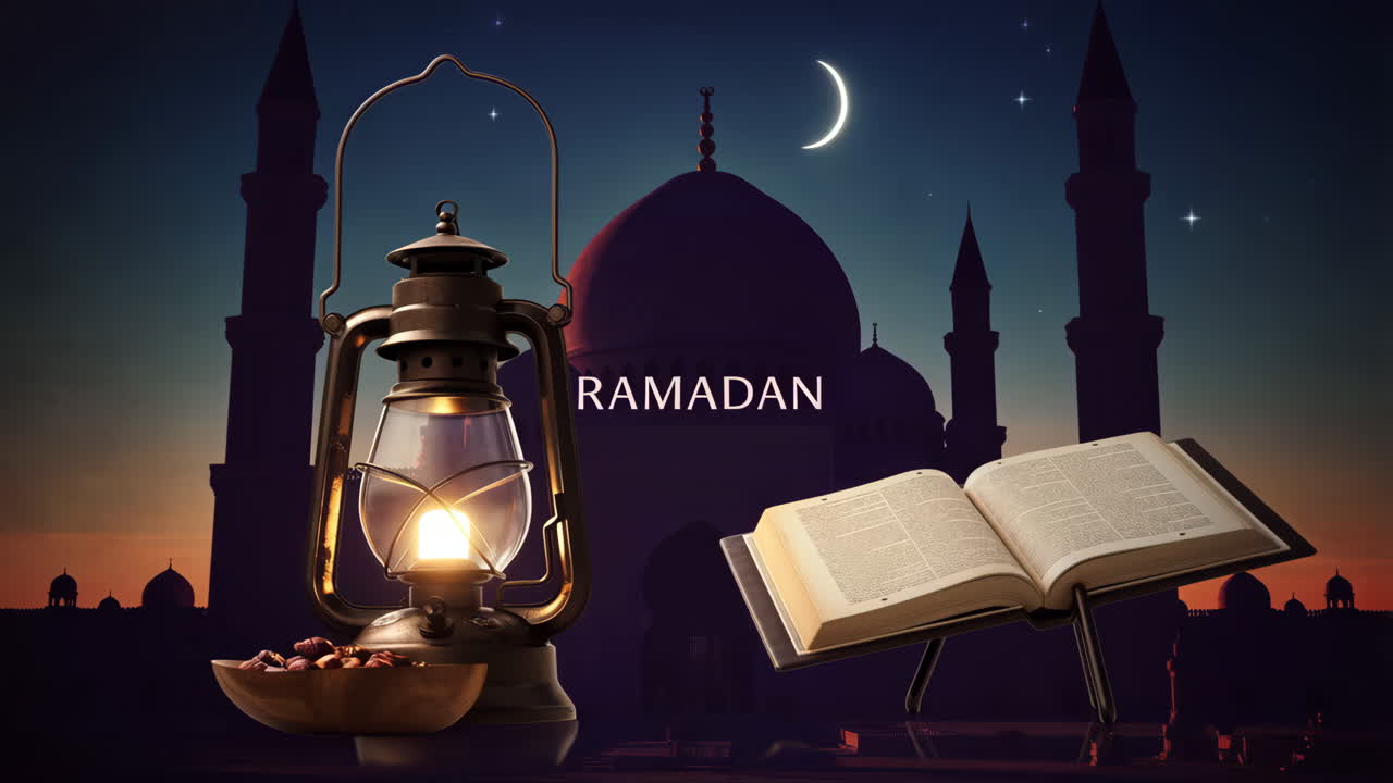 Ramadan celebration with lantern, book, and mosque
