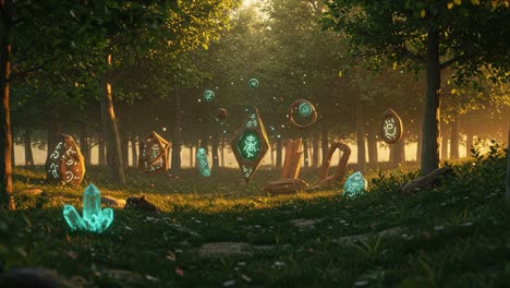 A Mystical Forest Filled with Enchanted Crystals and Ancient Symbols Illuminated by Gentle Sunlight