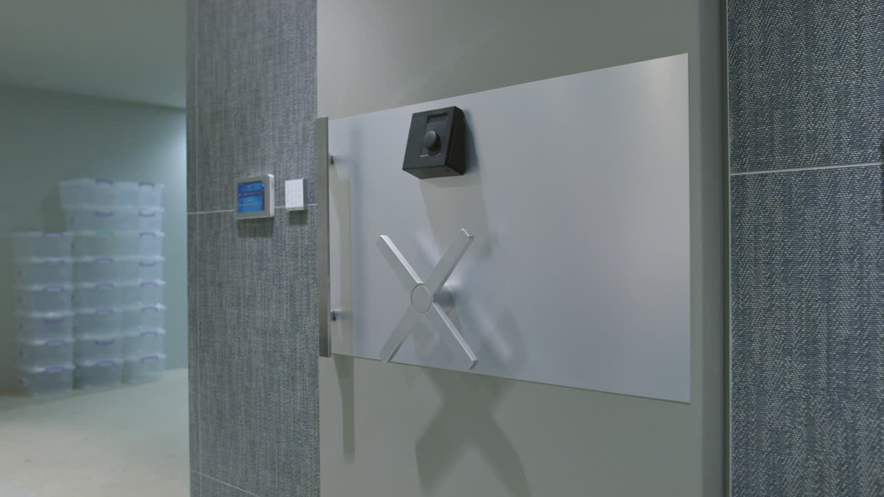 в сейфе в банке с защитной технологией и тяжелыми металлическими дверями