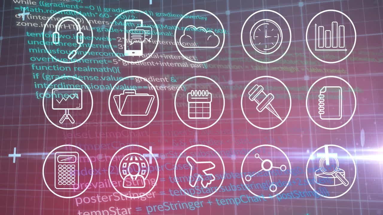 Animation of digital icons overlaying programming code, showcasing technology in school