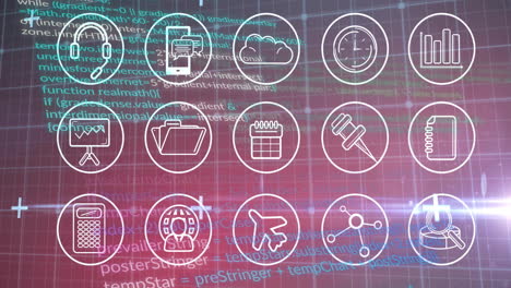 animation of digital icons overlaying programming code, showcasing technology in school