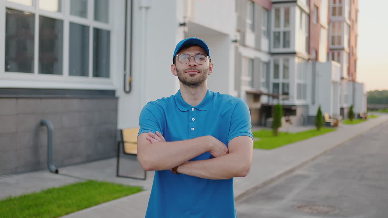 счастливый доставщик смотрит в камеру и улыбается. портрет доставщика в замедленном движении. почтальон в очках улыбается