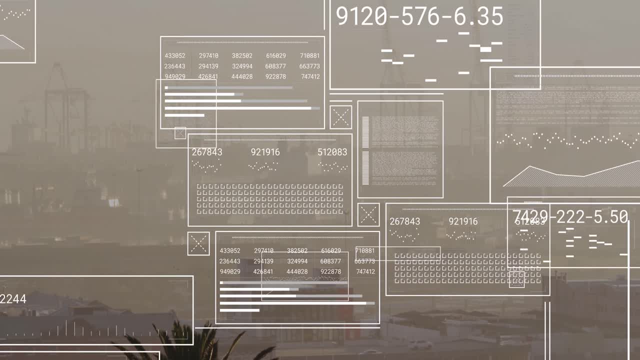animación de interfaces con procesamiento de datos frente a una vista aérea del paisaje urbano