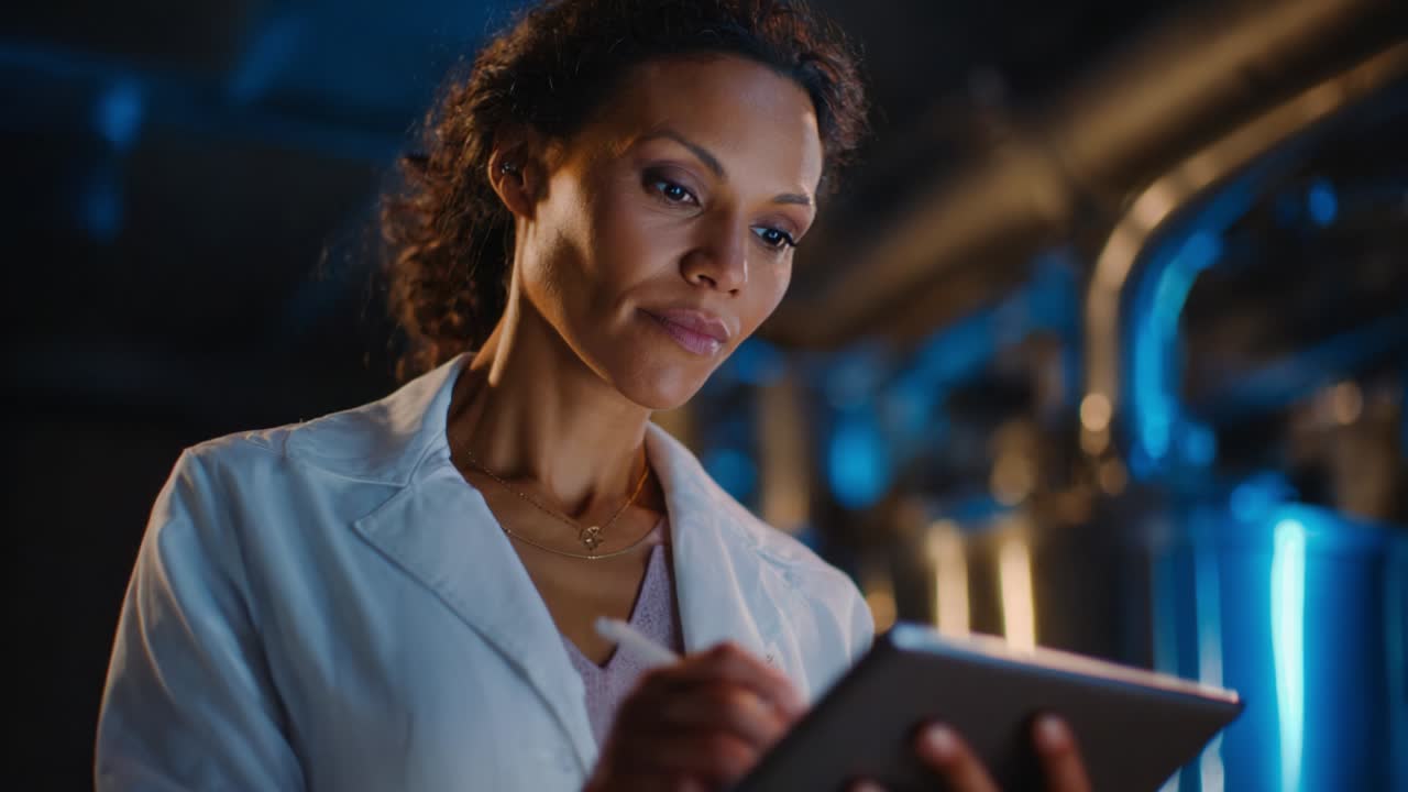 A focused researcher in a white lab coat analyzes data on a tablet in a modern laboratory setting, illuminated by blue lighting, showcasing a blend of technology and scientific inquiry