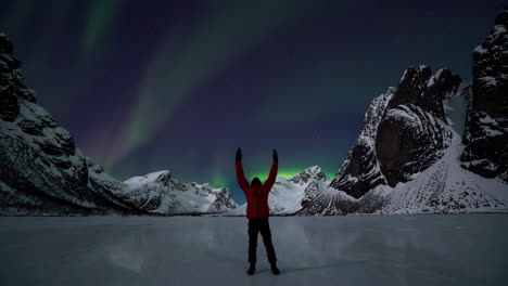 person admiring the aurora borealis over a stunning winter mountain landscape