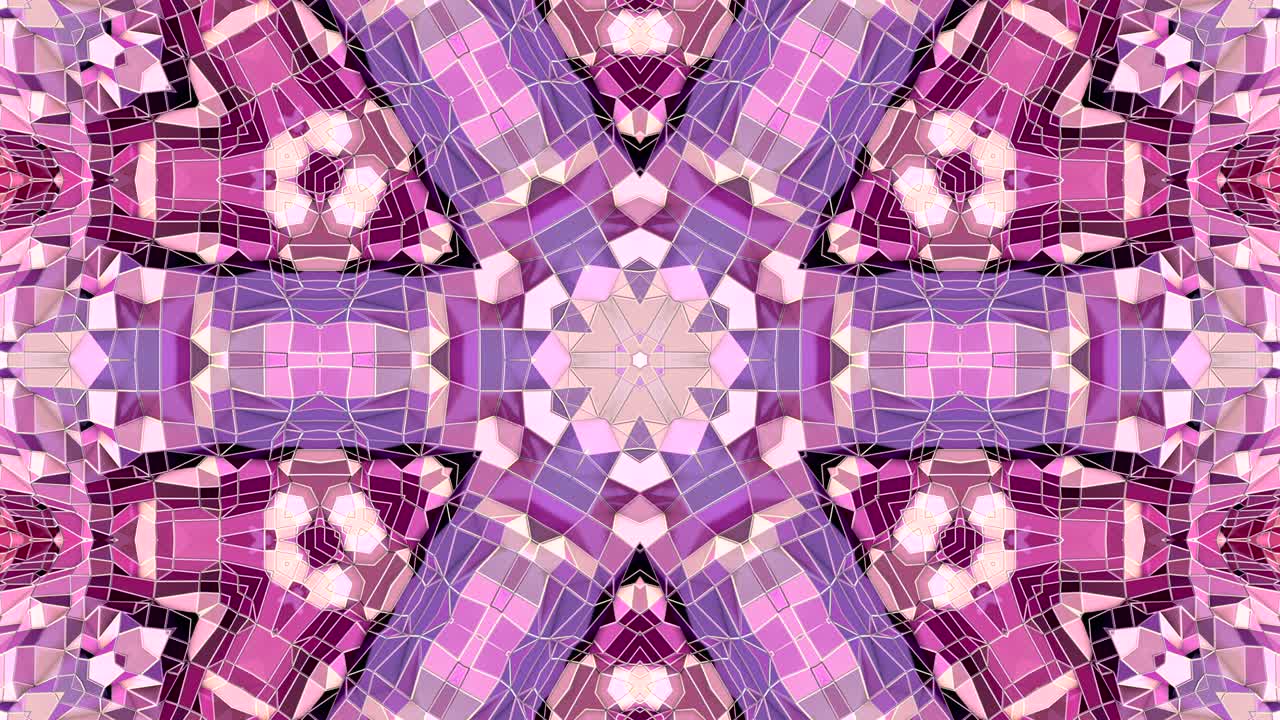 fondo abstracto poli geométrico bajo como un efecto de vidriera o caleidoscopio en movimiento en 4k. animación 3d de bucle, imágenes sin costuras en el popular estilo poli bajo. color violeta v20