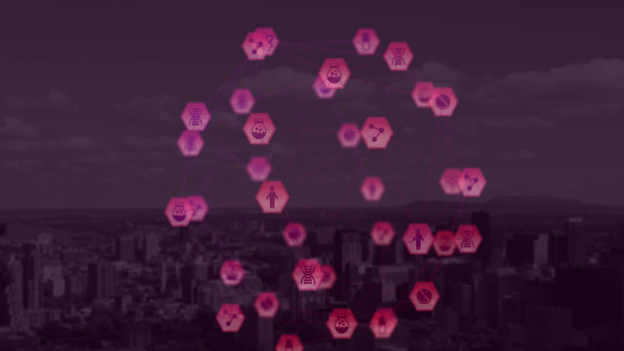 도시 풍경을 배경으로 디지털 아이콘의 세계