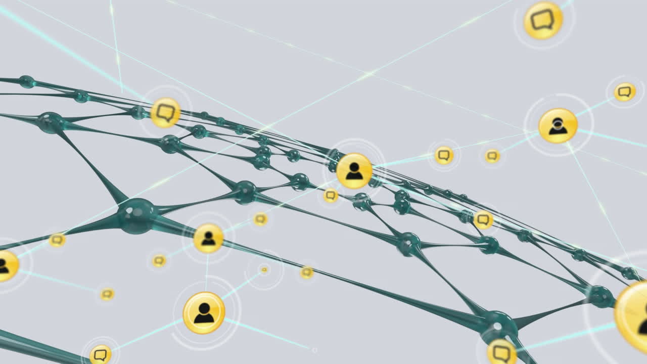 Animation of network of connections with icons over blue net