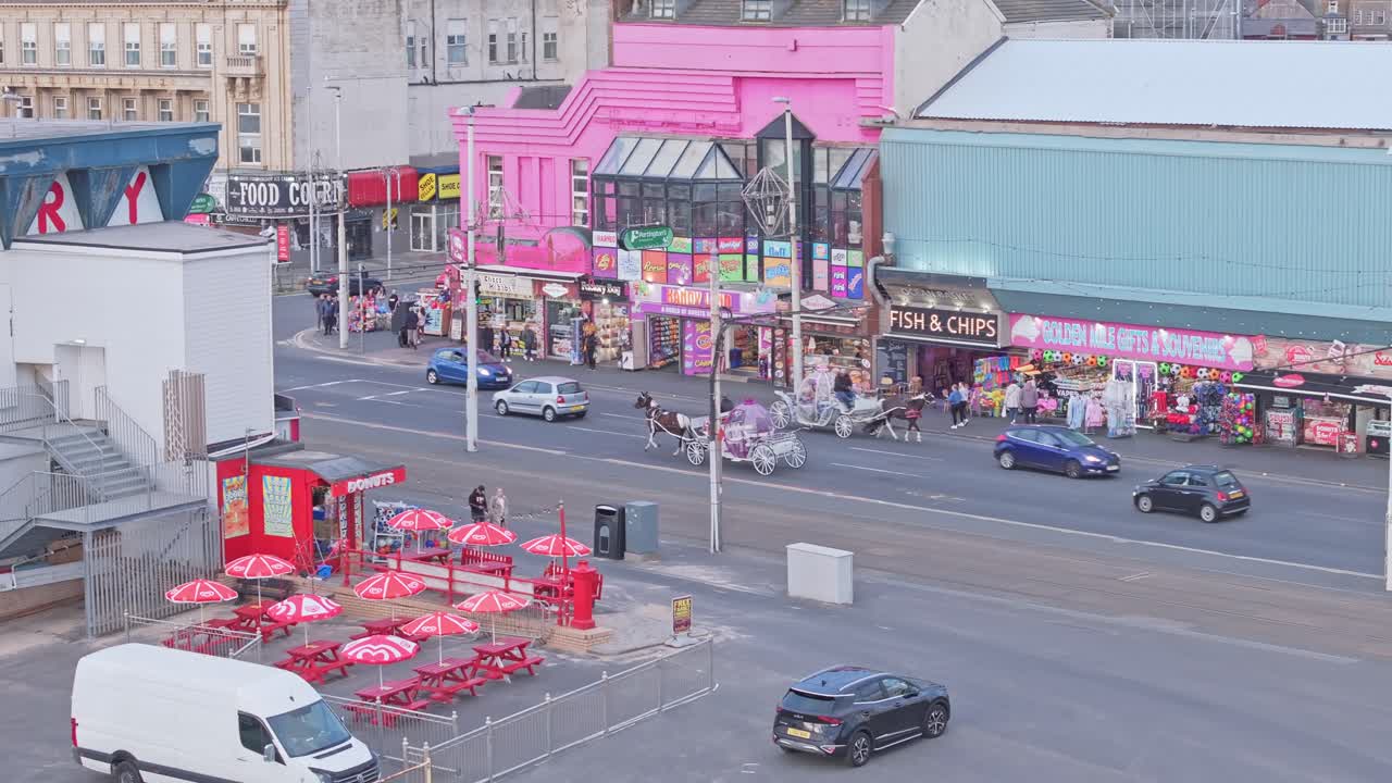 Drone shot of traffic around Blackpool popular seaside resort in Lancashire, England