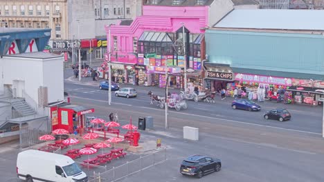drone shot of traffic around blackpool popular seaside resort in lancashire, england