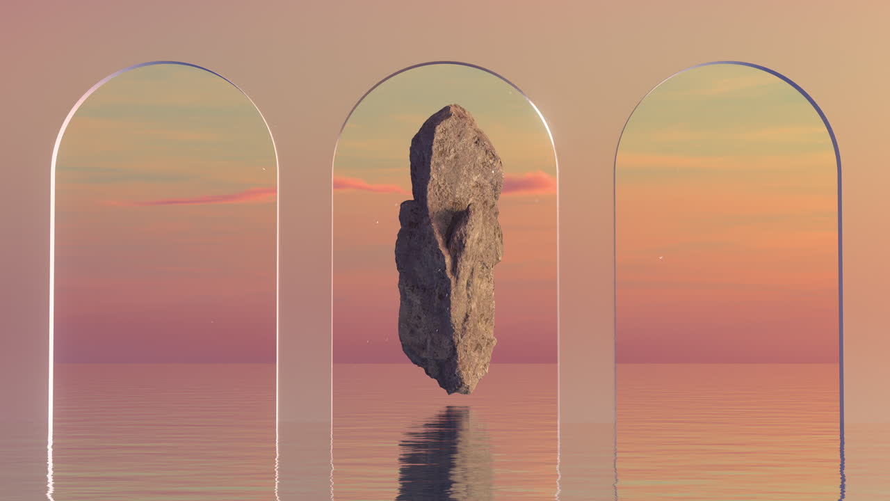Surreal Landscape with Rotating Stone and Archways at Sunset