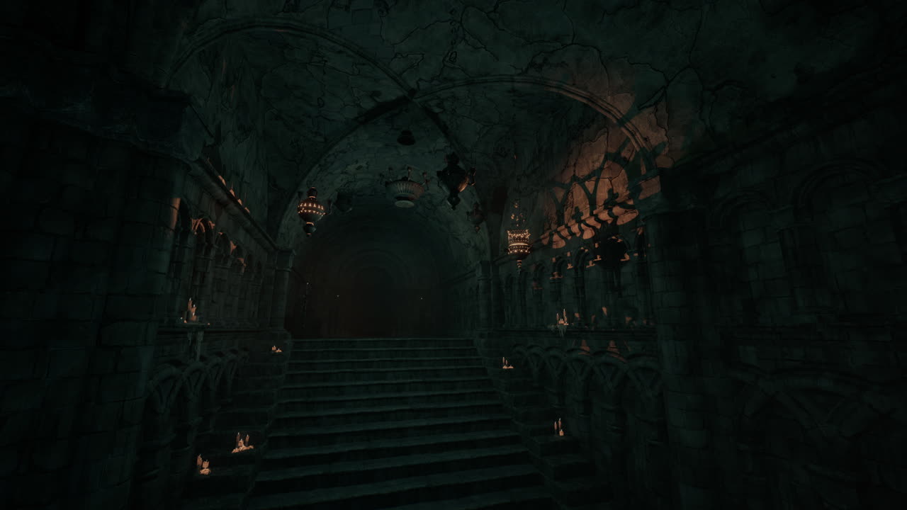 oscuro y misterioso pasillo de piedra en un antiguo castillo