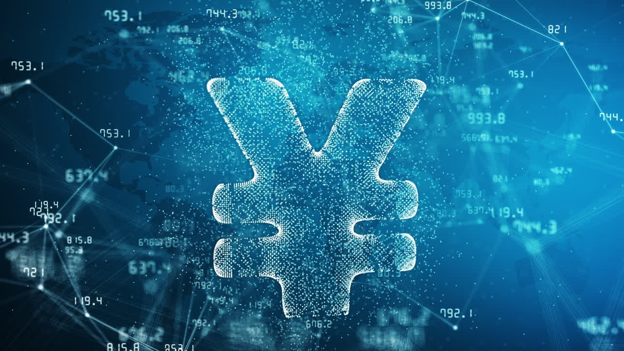 3D hologram of japanese yen icon on blue background with plexus lines and dots. Values of financial indicators of stock exchange are constantly changing. Abstract space motion graphics.