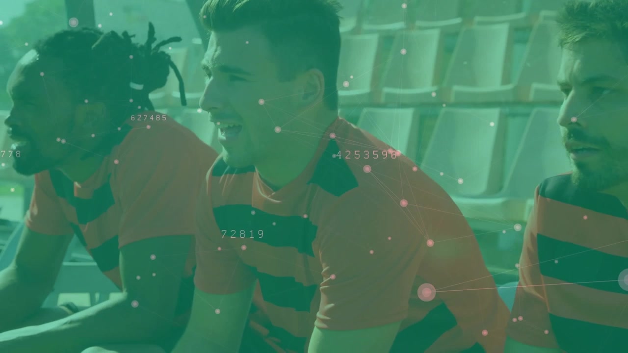 Animation of network of connections with data processing over diverse rugby players at stadium