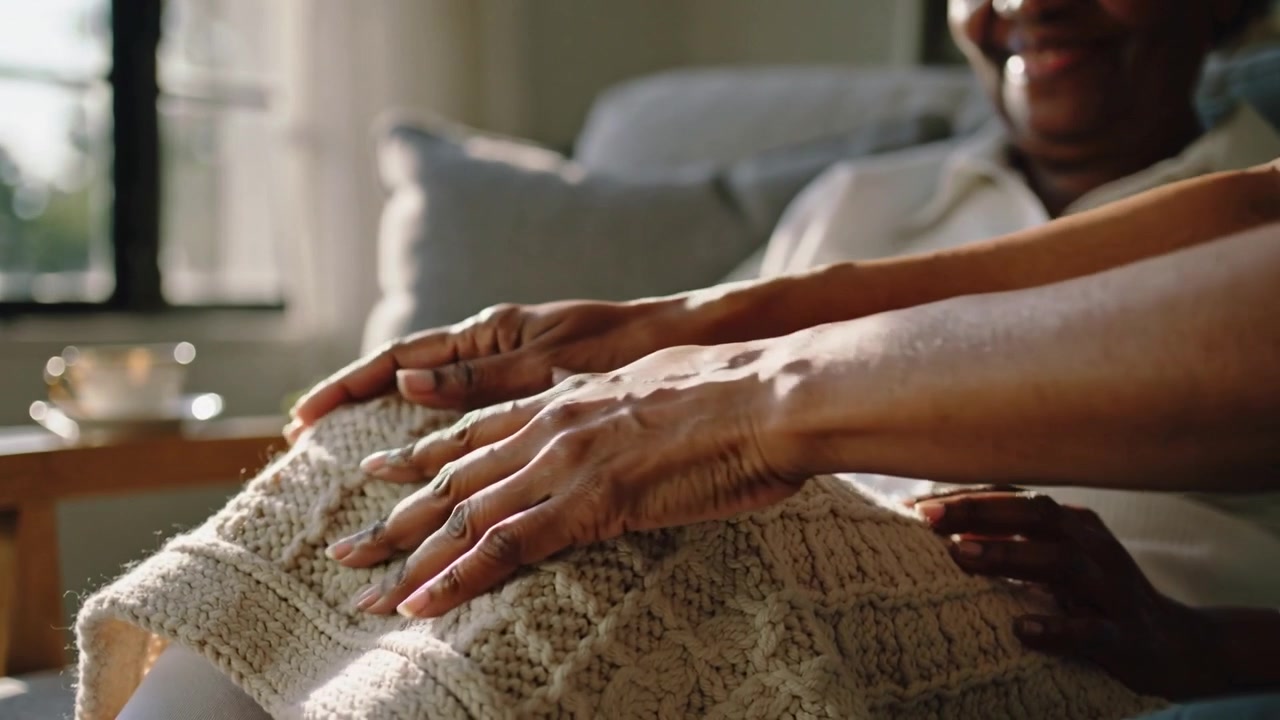 Placing adult smoothing cream blanket over senior wearing white top on sofa for warmth with teacup