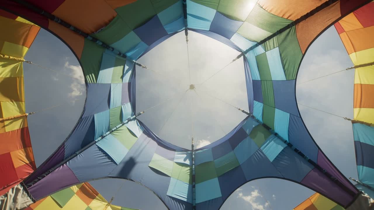 Vertical video: Canopy panels fluttering, breeze creating sun glare and slatted shadows for event