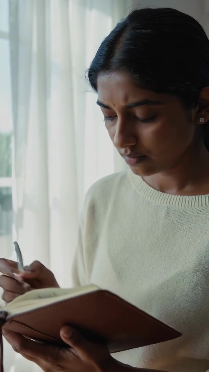 Vertical video: Glancing down, woman in cream sweater taking notes at home with leather notebook