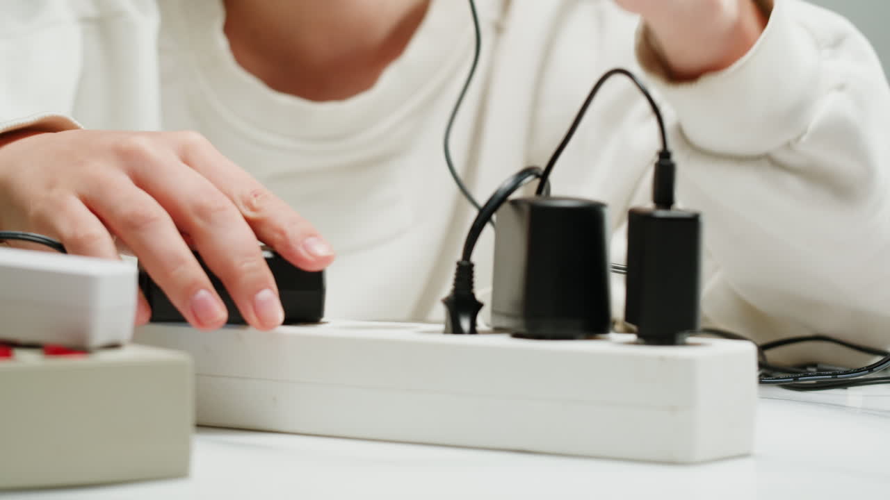 White power strip with many various of cords and cables in close-up. An extension cord with many power sockets. Adapter with phone, headphones, usb connectors.Tangled wires on table. Trying to untangle many messy cables.