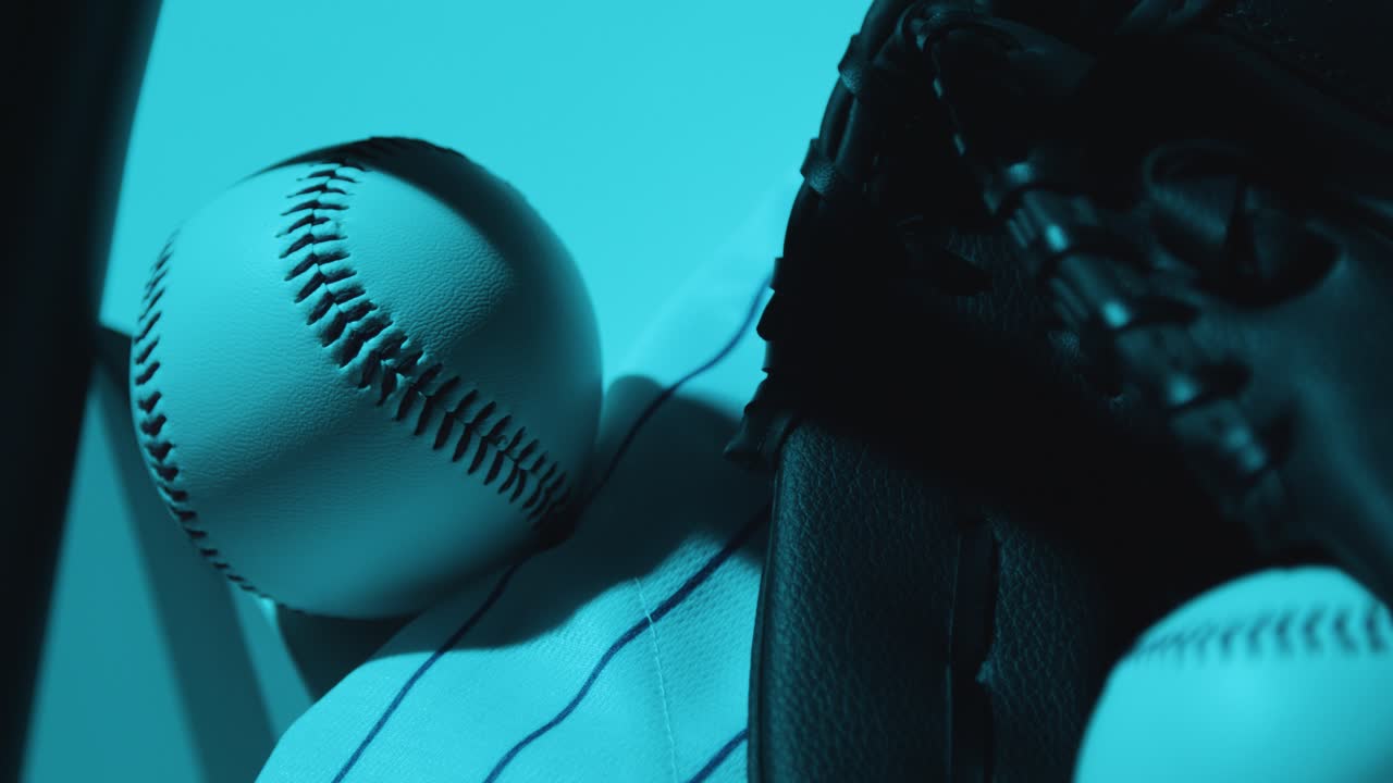 클로즈업 스튜디오 야구 still life with ball catchers mitt and team jersey with blue lighting 1