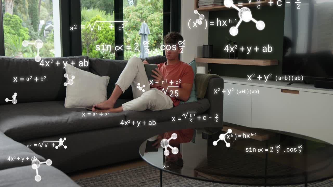 Man tapping tablet on sofa and generating animated molecules and formulas around him for education