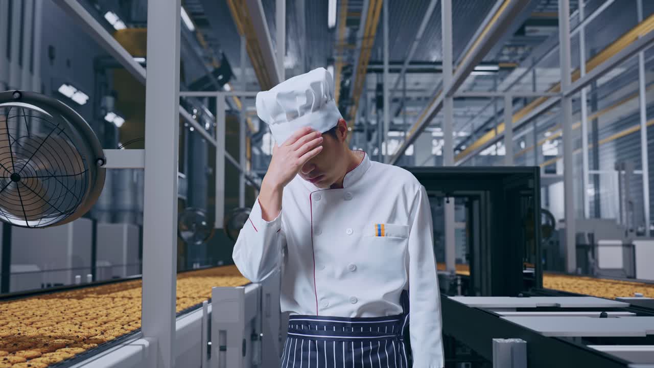 Cuoco asiatico con mal di testa mentre è in piedi, linea di produzione automatizzata di biscotti in una fabbrica moderna.