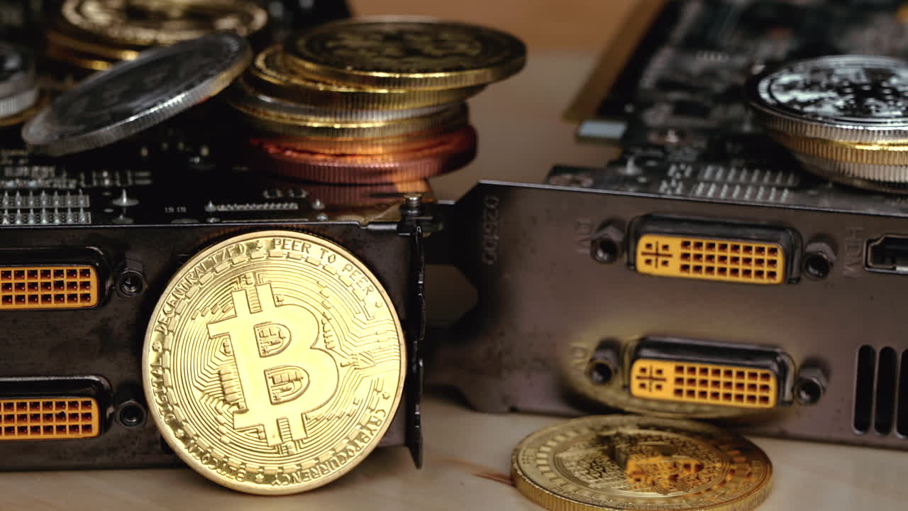 Golden and silver bitcoin crypto money with old dollar coins, close up, graphic video card mining