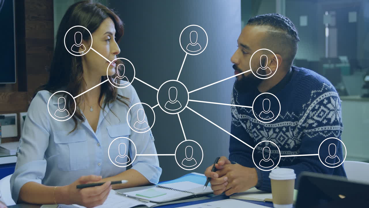 In office, business professionals discussing network connections and data animation processing