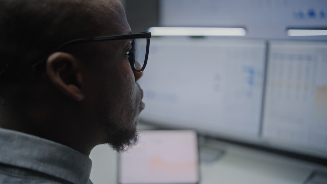 Computer with Multi-Monitor Desktop System with Online Trading Software. Stock Exchange Trader Analyzing Real-Time Stocks, Exchange Market Charts. African American Investment Agent Working in Office.